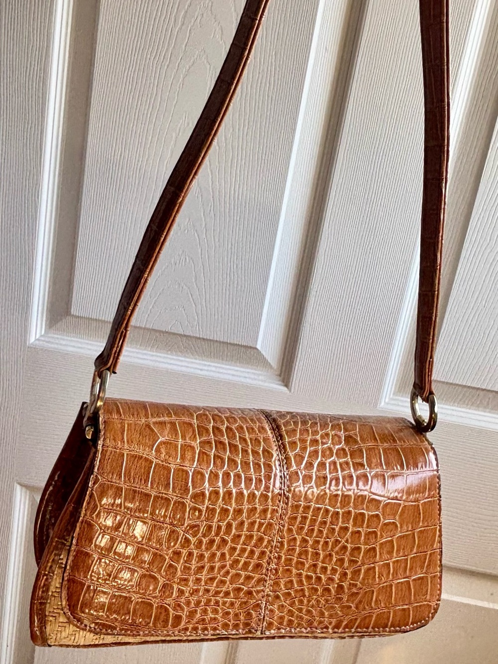 Liz Claiborne 90s Y2K Cognac Croc-Embossed and Woven Straw Shoulder Bag - Picture 16 of 16